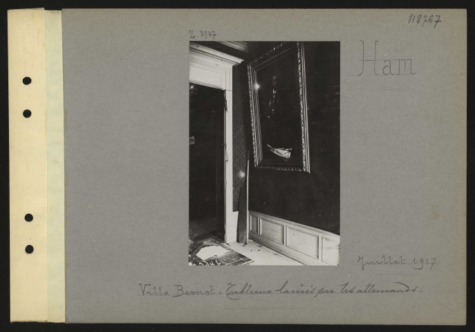 Ham. Villa Bernot : tableaux lacérés par les Allemands