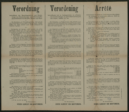 Beschlagnahme und Einziehung von Haushaltungs- und Wirtschaftsgegenständen aus Kupfer, Nickel und Zinn = Beslagnemen en afhalen van huishoudings- en gebruiksvoorwerpen van koper, nikkel en tin = Saisie et l'enlèvement des objets de ménage ou employés ailleurs, faits en cuivre, nickel ou étain