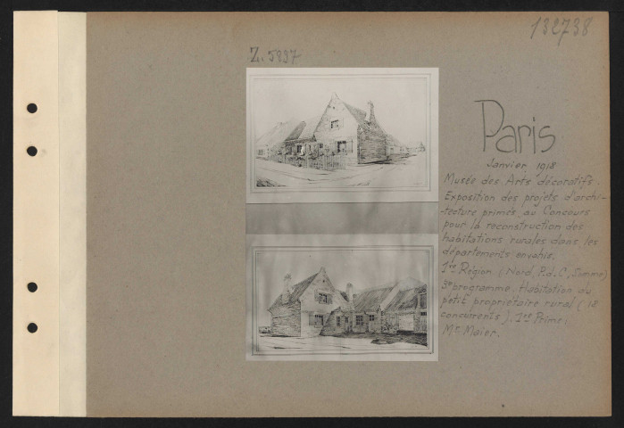 Paris. Musée des arts décoratifs. Exposition des projets d'architecture primés au concours pour la reconstruction des habitations rurales dans les départements envahis. Première région (Nord, Pas-de-Calais). Troisième programme. Habitation du petit propriétaire rural (12 concurrents). Première prime : M. Maier