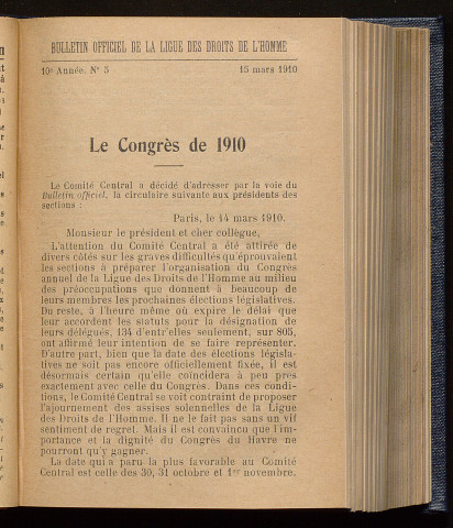 Mars 1910 - Bulletin officiel de la Ligue des Droits de l'Homme