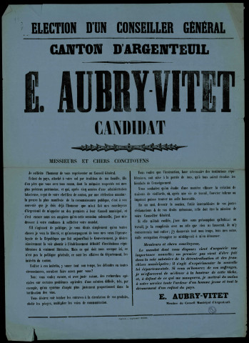 Election d'un conseiller général : E. Aubry-Vitet Candidat