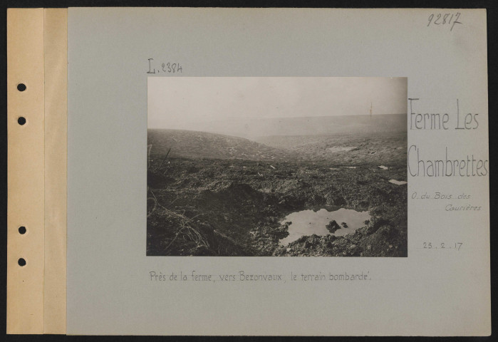 Ferme Les Chambrettes (ouest du Bois des Caurières). Près de la ferme, vers Bezonvaux, le terrain bombardé
