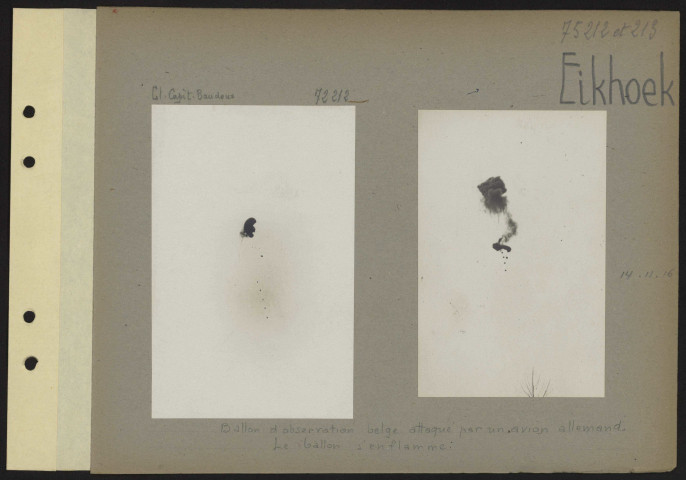 Eikhoek. Ballon d'observation belge attaqué par un avion allemand. Le ballon s'enflamme