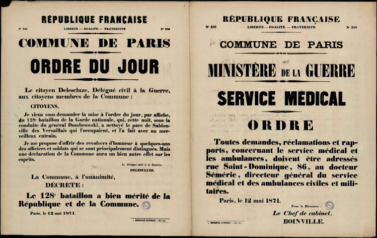 N°308. Le citoyen Delescluze mise à l'ordre du jour du 128e bataillon de la garde nationale