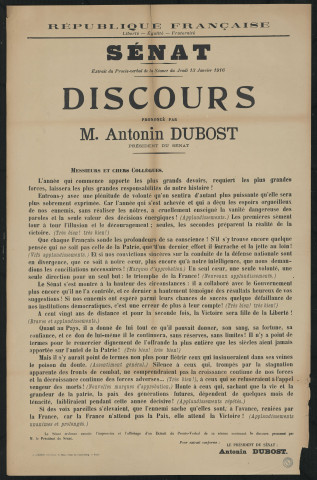 Sénat : extrait du procès-verbal de la séance du samedi 13 janvier 1916. Discours prononcé par M. Antonin Dubost, président du Sénat