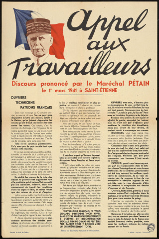 Appel aux travailleurs : discours prononcé par le Maréchal Pétain le 1er mars 1941 à Saint-Etienne