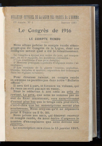 Janvier 1917 - Bulletin officiel de la Ligue des Droits de l'Homme