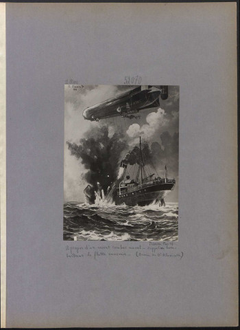 S.l. A propos d'un récent combat naval. Zeppelin bombardant la flotte ennemie. (Dessin du docteur Klamroth)
