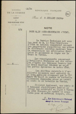 Renseignements sur l'artillerie française et allemande à Verdun. 1916Sous-Titre : Dossier Mantoux. Divers. 1915-1918