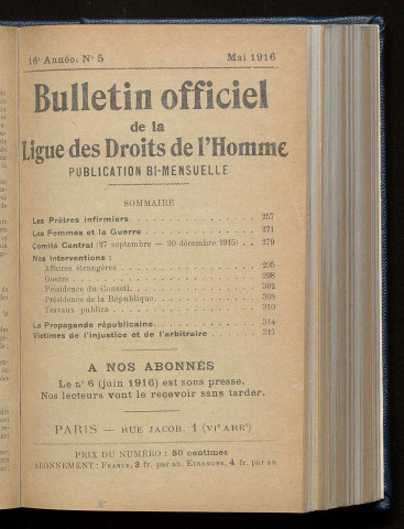 Mai 1916 - Bulletin officiel de la Ligue des Droits de l'Homme