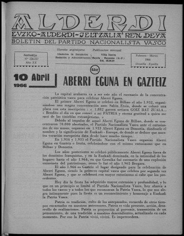 Alderdi (1966 : n° 226-231). Sous-Titre : Boletín del Partido nacionalista vasco