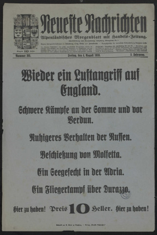 Neueste Nachrichten : Alpenländisches Morgenblatt mit Handels-Zeitung. Nummer 205. Freitag, den 4. August 1916. Wieder ein Luftangriff auf England