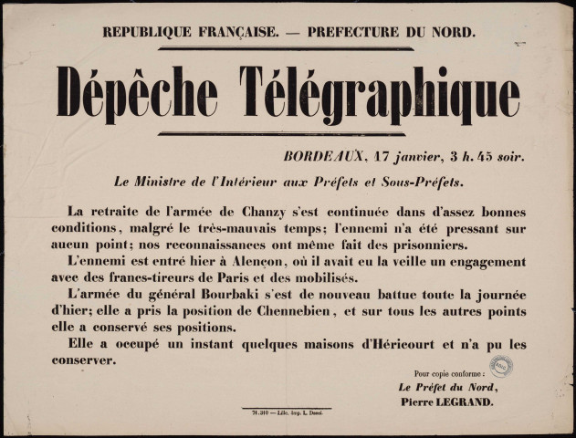 Dépêche télégraphique : La retraite de l'armée de Chanzy s'est constituée dans d'assez bonnes conditions…