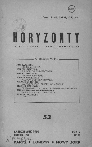 Année 1960 : Horyzonty . Sous-Titre : Paryz - Londyn - Nowy Jork. Autre titre : Revue mensuelle