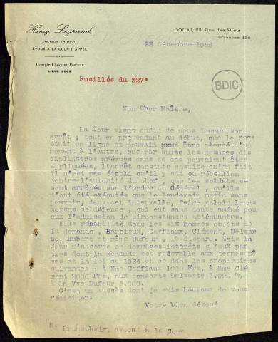 Documents postérieurs au procès. 22 décembre 1926 au 25 juillet 1927Sous-Titre : Fusillés de la grande guerre. Campagne de réhabilitation de la Ligue des Droits de l'Homme