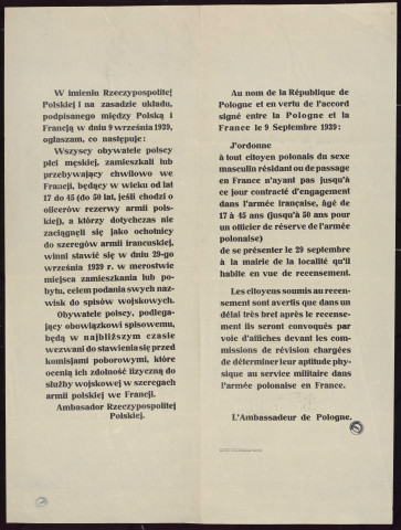 Wszyscy obywatele polscy plci meskiej, zamieszkali ... we Francji ... stawic sie w dniu 29-go wrzesnia 1939 = A tous citoyen polonais du sexe masculin ... résidant ... en France ... de se présenter le 29 septembre