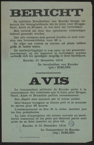 De militaire Bevelhebber van Knocke brengt ter kennis der belanghebbende dat de trein voor Brugge, Gent, Aalst en Brussel, in het kort zal vertrekken = Le commandant militaire de Knocke porte à la connaissance des intéressés que le train pour Bruges, Gand, Alest et Bruxelles partira incessamment