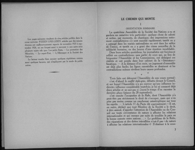 Le chemin qui monte (de la 4e à la 5e assemblée de la Société des Nations). Sous-Titre : Tirage à part de la revue Wissen und Leben (Zurich), 1923/4, n°s 3, 5, 7, 15 et 19/20