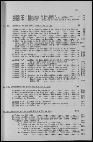 TABLE DES MATIERES : Conférences et réunions du 13 au 22 août 1919. Sous-Titre : Conférences de la paix
