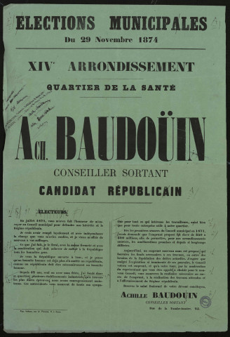Élections Municipales du 29 novembre 1874 Quartier de la Santé : Ach. Baudoüin Candidat Républicain