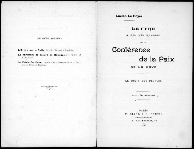 Lettre à MM. les membres de la Conférence de la Paix de La Haye. Le Droit des peuples