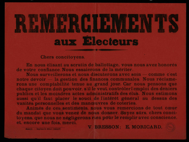 Remerciements aux électeurs V. Bresson... E. Moricard