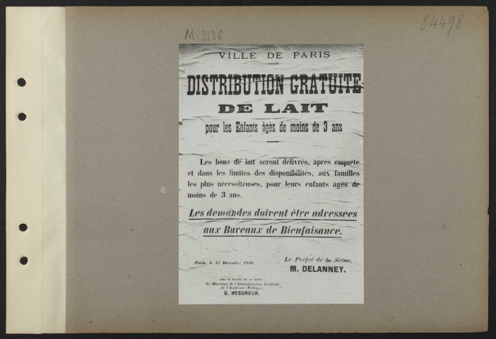 [Distribution gratuite de lait pour les enfants âgés de moins de 3 ans] [13 décembre 1916]