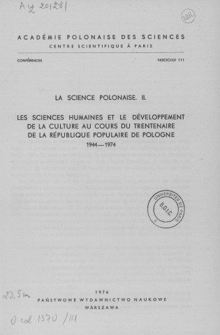 Conférences (1976; n°111)  Sous-Titre : Académie Polonaise des Sciences et Lettres Centre polonais de recherches scientifiques de Paris