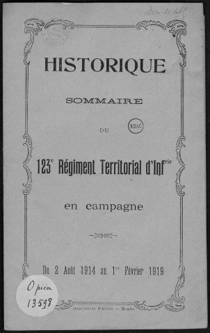Historique du 123ème régiment territorial d'infanterie