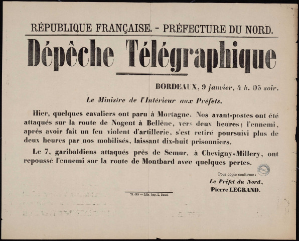 Dépêche télégraphique : Quelques cavaliers ont paru à Mortagne…