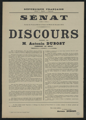 Sénat : extrait du procès-verbal de la séance du mardi 22 décembre 1914. Discours prononcé par M. Antonin Dubost, président du Sénat