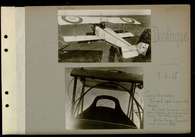 Dunkerque. Camp d'aviation. Nieuport après un combat aérien. En haut, les carrés sur le plan inférieur et la queue marquent les balles reçues. En bas, le pare-brise traversé par une balle