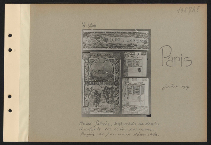 Paris. Musée Galliéra. Exposition de dessins d'enfants des écoles primaires. Projet de panneaux décoratifs