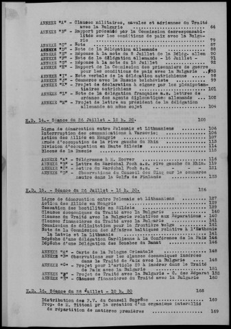 TABLE DES MATIERES : Conférences de Paix. Procès Verbaux et Résolutions.- Conférences et réunions du 21 au 29 juillet 1919. Sous-Titre : Conférences de la paix