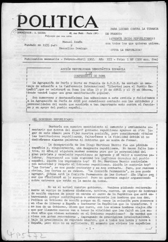 Política (1962). Sous-Titre : boletín de información interna de Izquierda republicana [puis] boletín de Izquierda republicana en Francia
