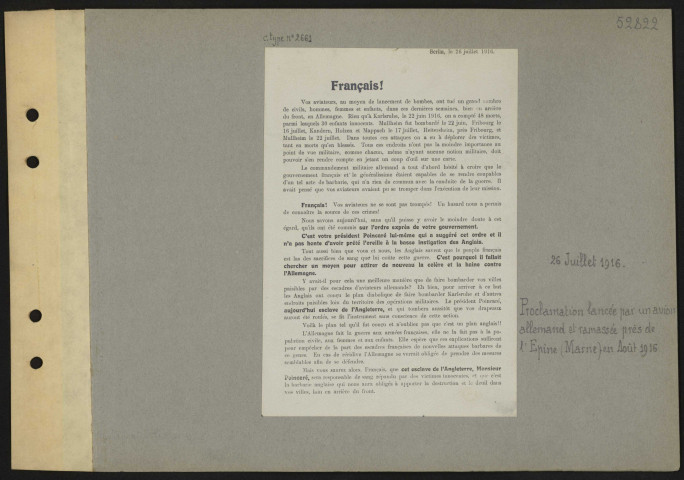 Proclamation lancée par un avion allemand et ramassée près de l'Épine (Marne) en août 1916