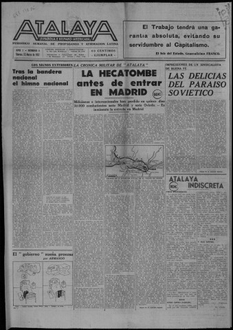 Atalaya española e hispano-americana (1937 : n°8). Sous-Titre : periódico semanal de propaganda y afirmación latina