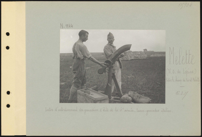 Melette (nord-ouest de Lépine, entre le champ de tir et Melette). Centre d'entraînement des grenadiers d'élite de la 4e armée. Lance-grenades italien