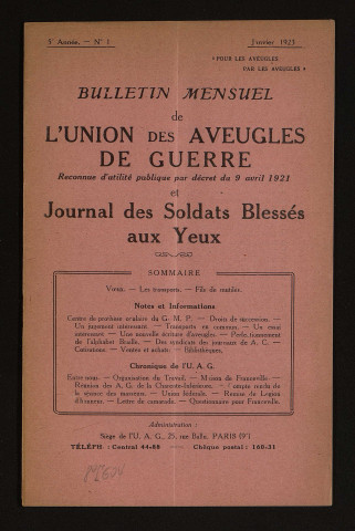 Année 1923 - Bulletin mensuel de l'Union des aveugles de guerre et journal des soldats blessés aux yeux