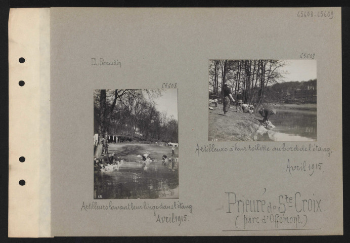 Prieuré de Sainte-Croix (Parc d'Offémont). Artilleurs à leur toilette au bord de l'étang