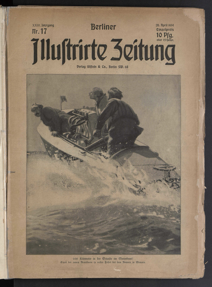 Une du journal, présentant une photo de deux personnes sur une bateau à moteur.