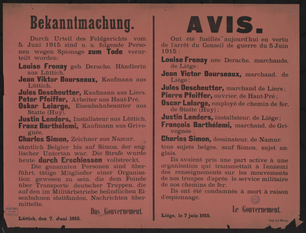 Durch Urteil des Feldgerichts...amp; sind u. a. folgende Personen wegen Spionage zum Tode verurteilt worden = Ont été fusillés aujourd'hui en vertu de l'arrêt du conseil de guerre