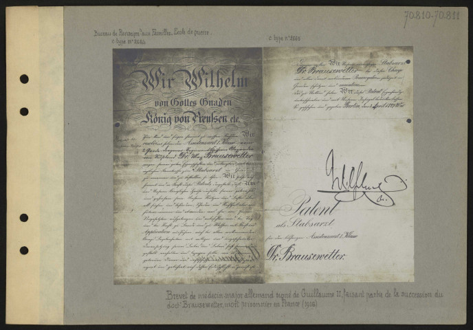 Brevet de médecin-major allemand signé de Guillaume II, faisant partie de la succession du docteur Brausewetter, mort prisonnier en France (1916)