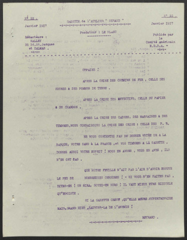 Gazette de l'atelier Héraud - Année 1917 fascicule 22-30 manque le 26 et 28