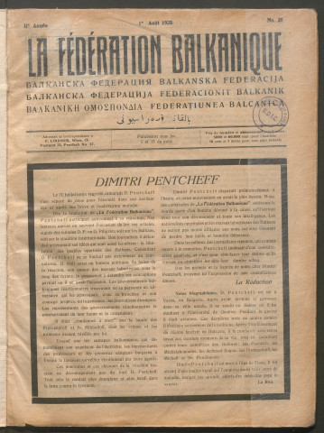Août 1925 - La Fédération balkanique