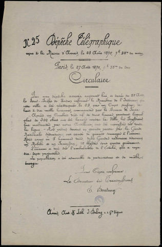 Dépêche télégraphique : le sous-préfet de Verdun informe… que cette ville a été réattaquée…