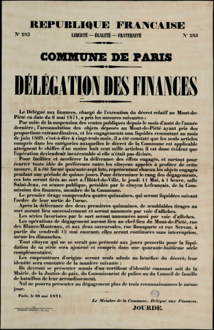 N°283. Exécution du décret relatif au Mont-de-Piété en date du 6 mai 1871