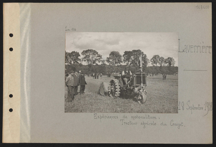 Laverrière. Expériences de motoculture : tracteur agricole du Creuzot