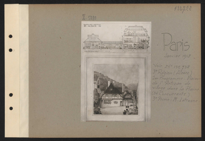 Paris. Musée des arts décoratifs. Exposition des projets d'architecture primés au concours pour la reconstruction des habitations rurales dans les départements envahis. Troisième région (Alsace). Premier programme. Maison de l'artisan de village dans la plaine (34 concurrents). Troisième prime : M. Letrosne