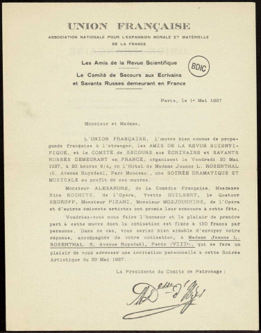 Soirées du Comité le 13.01 et 20.05.1927.